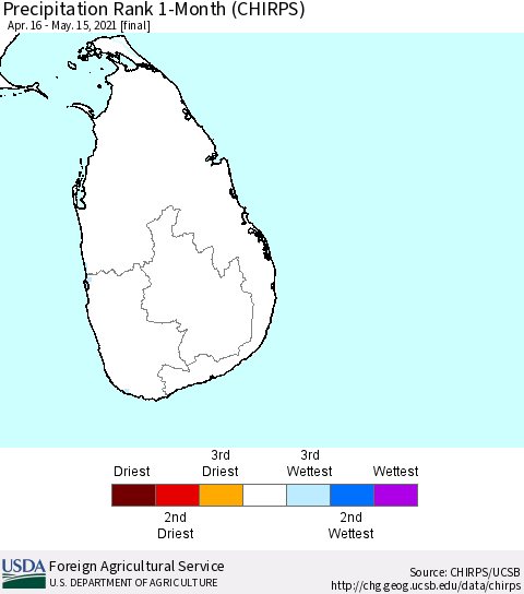 Sri Lanka Precipitation Rank 1-Month (CHIRPS) Thematic Map For 4/16/2021 - 5/15/2021