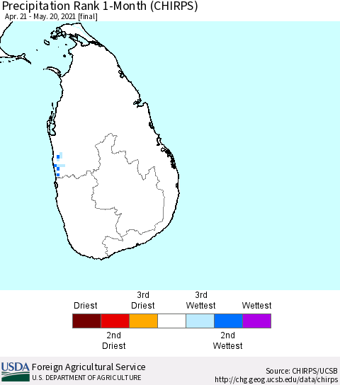 Sri Lanka Precipitation Rank 1-Month (CHIRPS) Thematic Map For 4/21/2021 - 5/20/2021