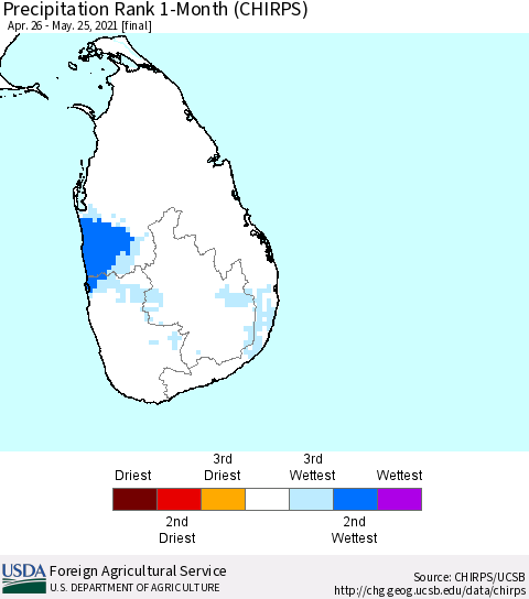 Sri Lanka Precipitation Rank since 1981, 1-Month (CHIRPS) Thematic Map For 4/26/2021 - 5/25/2021