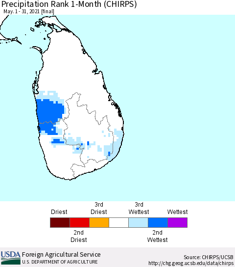 Sri Lanka Precipitation Rank since 1981, 1-Month (CHIRPS) Thematic Map For 5/1/2021 - 5/31/2021