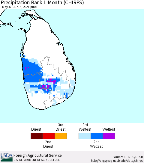 Sri Lanka Precipitation Rank since 1981, 1-Month (CHIRPS) Thematic Map For 5/6/2021 - 6/5/2021