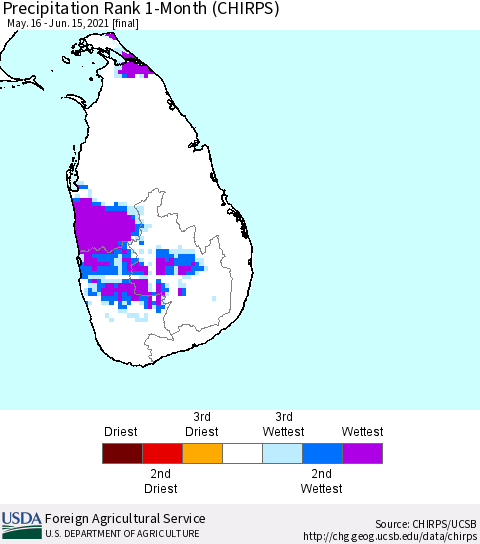 Sri Lanka Precipitation Rank 1-Month (CHIRPS) Thematic Map For 5/16/2021 - 6/15/2021
