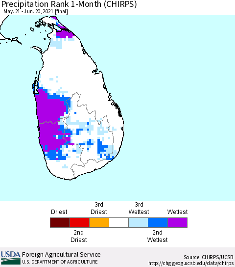 Sri Lanka Precipitation Rank 1-Month (CHIRPS) Thematic Map For 5/21/2021 - 6/20/2021