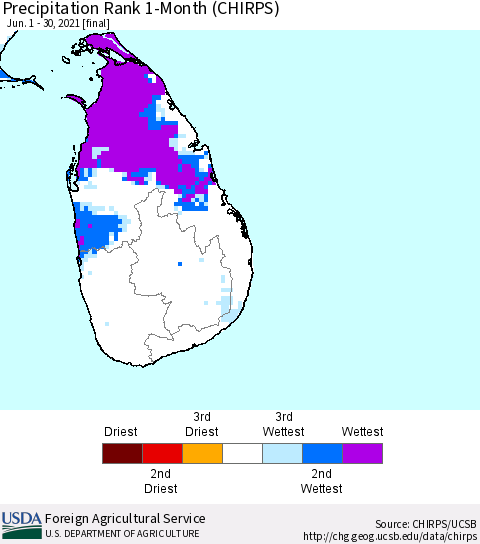 Sri Lanka Precipitation Rank 1-Month (CHIRPS) Thematic Map For 6/1/2021 - 6/30/2021