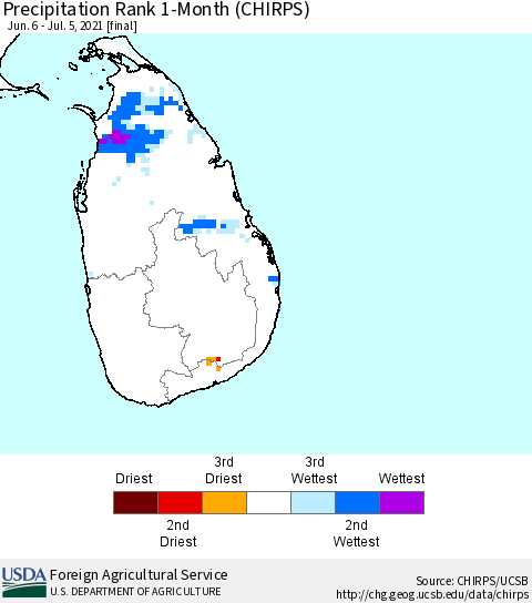 Sri Lanka Precipitation Rank since 1981, 1-Month (CHIRPS) Thematic Map For 6/6/2021 - 7/5/2021