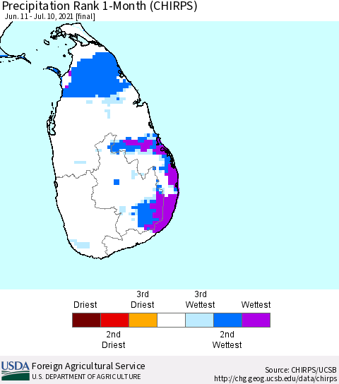 Sri Lanka Precipitation Rank 1-Month (CHIRPS) Thematic Map For 6/11/2021 - 7/10/2021