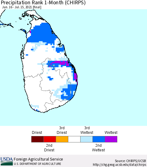 Sri Lanka Precipitation Rank 1-Month (CHIRPS) Thematic Map For 6/16/2021 - 7/15/2021
