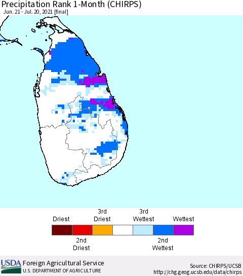 Sri Lanka Precipitation Rank 1-Month (CHIRPS) Thematic Map For 6/21/2021 - 7/20/2021