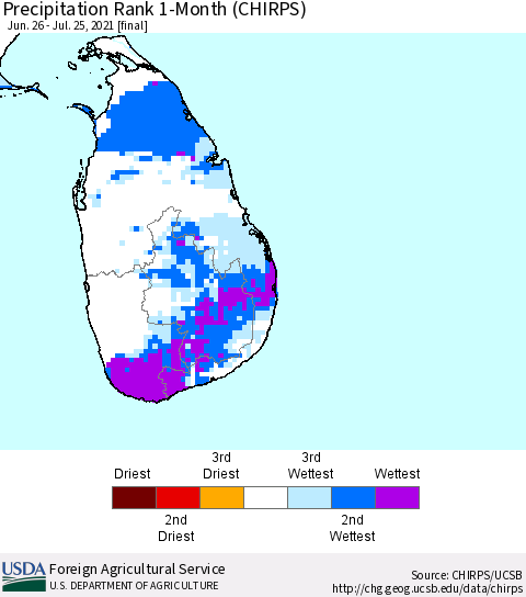 Sri Lanka Precipitation Rank 1-Month (CHIRPS) Thematic Map For 6/26/2021 - 7/25/2021