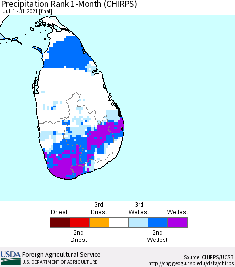 Sri Lanka Precipitation Rank 1-Month (CHIRPS) Thematic Map For 7/1/2021 - 7/31/2021