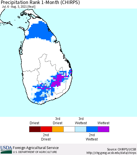 Sri Lanka Precipitation Rank 1-Month (CHIRPS) Thematic Map For 7/6/2021 - 8/5/2021