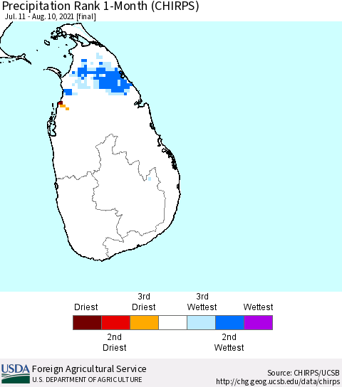 Sri Lanka Precipitation Rank since 1981, 1-Month (CHIRPS) Thematic Map For 7/11/2021 - 8/10/2021