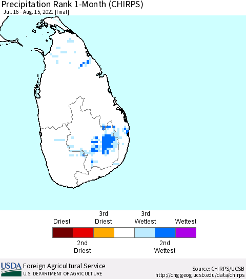 Sri Lanka Precipitation Rank since 1981, 1-Month (CHIRPS) Thematic Map For 7/16/2021 - 8/15/2021