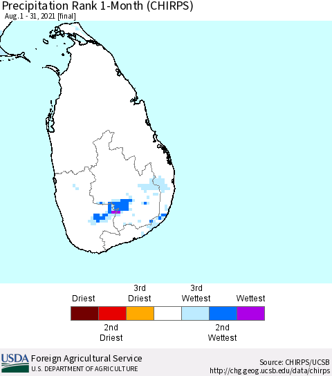 Sri Lanka Precipitation Rank since 1981, 1-Month (CHIRPS) Thematic Map For 8/1/2021 - 8/31/2021