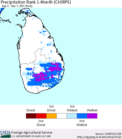 Sri Lanka Precipitation Rank since 1981, 1-Month (CHIRPS) Thematic Map For 8/6/2021 - 9/5/2021