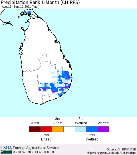 Sri Lanka Precipitation Rank 1-Month (CHIRPS) Thematic Map For 8/11/2021 - 9/10/2021