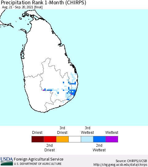 Sri Lanka Precipitation Rank since 1981, 1-Month (CHIRPS) Thematic Map For 8/21/2021 - 9/20/2021