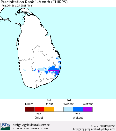 Sri Lanka Precipitation Rank since 1981, 1-Month (CHIRPS) Thematic Map For 8/26/2021 - 9/25/2021