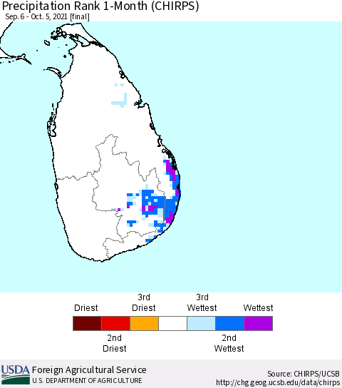 Sri Lanka Precipitation Rank 1-Month (CHIRPS) Thematic Map For 9/6/2021 - 10/5/2021