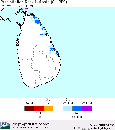 Sri Lanka Precipitation Rank 1-Month (CHIRPS) Thematic Map For 9/16/2021 - 10/15/2021