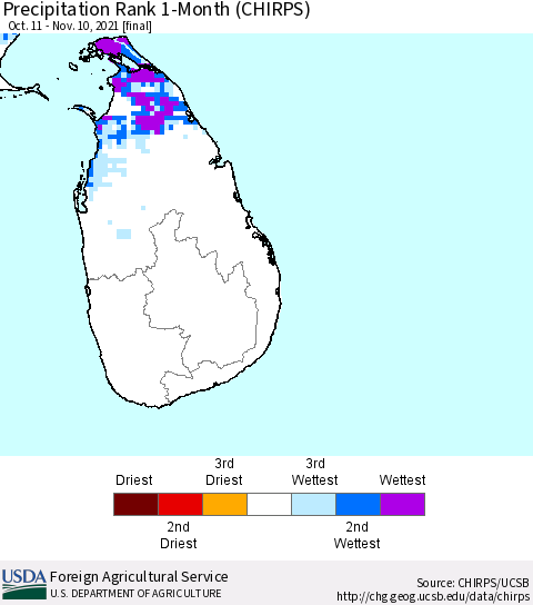 Sri Lanka Precipitation Rank 1-Month (CHIRPS) Thematic Map For 10/11/2021 - 11/10/2021