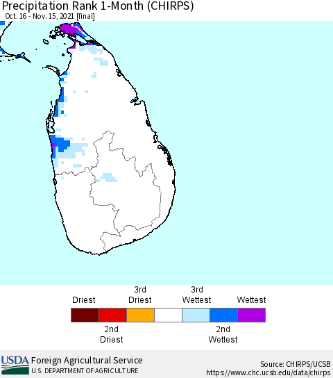 Sri Lanka Precipitation Rank 1-Month (CHIRPS) Thematic Map For 10/16/2021 - 11/15/2021