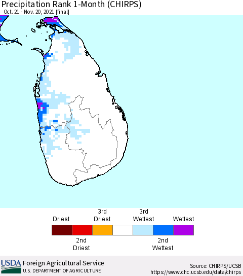 Sri Lanka Precipitation Rank since 1981, 1-Month (CHIRPS) Thematic Map For 10/21/2021 - 11/20/2021
