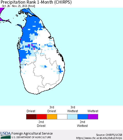 Sri Lanka Precipitation Rank since 1981, 1-Month (CHIRPS) Thematic Map For 10/26/2021 - 11/25/2021