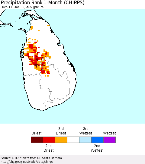 Sri Lanka Precipitation Rank 1-Month (CHIRPS) Thematic Map For 12/11/2021 - 1/10/2022