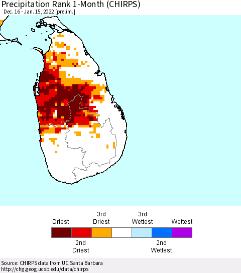 Sri Lanka Precipitation Rank 1-Month (CHIRPS) Thematic Map For 12/16/2021 - 1/15/2022