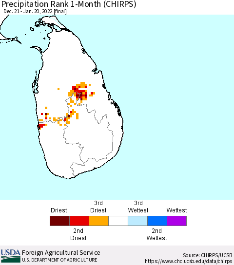 Sri Lanka Precipitation Rank since 1981, 1-Month (CHIRPS) Thematic Map For 12/21/2021 - 1/20/2022