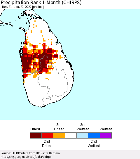 Sri Lanka Precipitation Rank 1-Month (CHIRPS) Thematic Map For 12/21/2021 - 1/20/2022