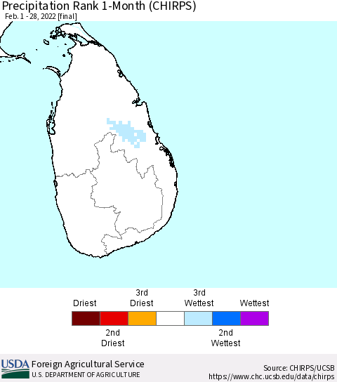 Sri Lanka Precipitation Rank 1-Month (CHIRPS) Thematic Map For 2/1/2022 - 2/28/2022