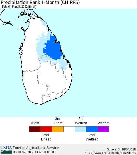 Sri Lanka Precipitation Rank since 1981, 1-Month (CHIRPS) Thematic Map For 2/6/2022 - 3/5/2022