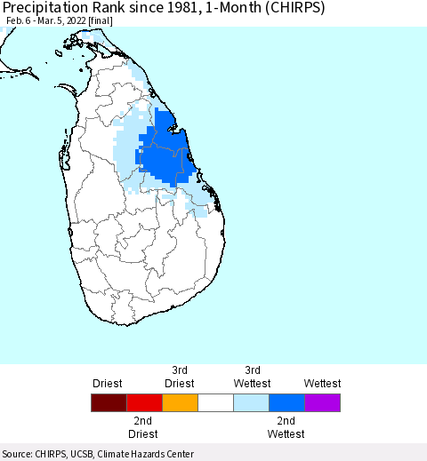 Sri Lanka Precipitation Rank since 1981, 1-Month (CHIRPS) Thematic Map For 2/6/2022 - 3/5/2022