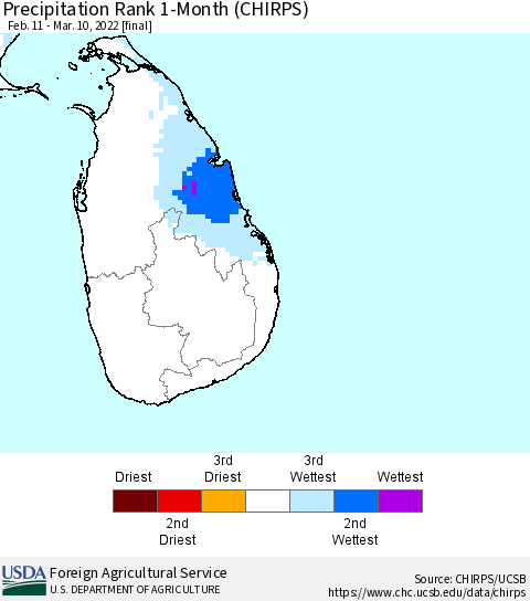 Sri Lanka Precipitation Rank 1-Month (CHIRPS) Thematic Map For 2/11/2022 - 3/10/2022