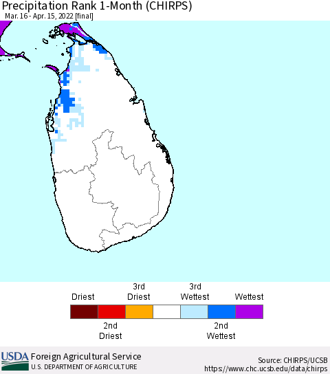 Sri Lanka Precipitation Rank 1-Month (CHIRPS) Thematic Map For 3/16/2022 - 4/15/2022