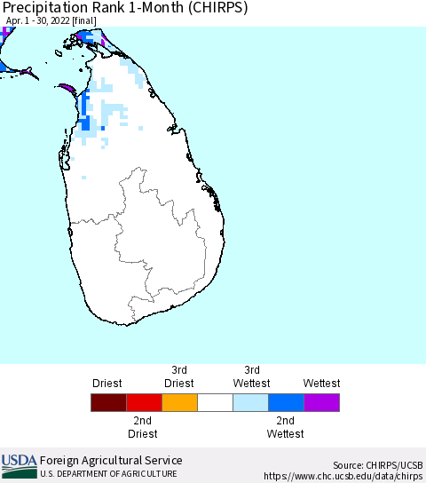 Sri Lanka Precipitation Rank since 1981, 1-Month (CHIRPS) Thematic Map For 4/1/2022 - 4/30/2022
