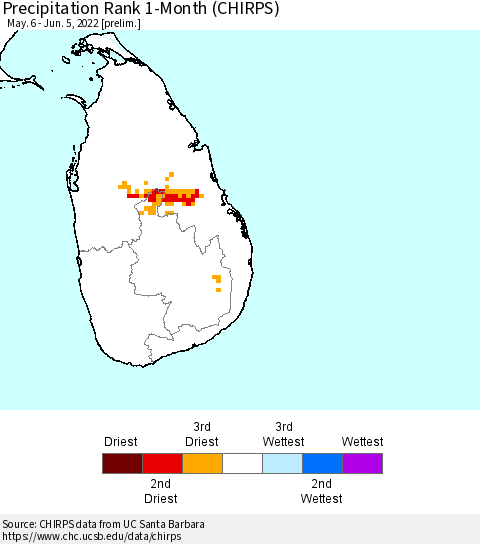 Sri Lanka Precipitation Rank 1-Month (CHIRPS) Thematic Map For 5/6/2022 - 6/5/2022