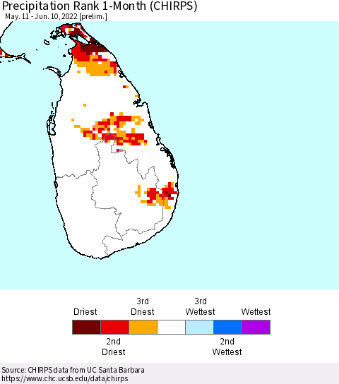 Sri Lanka Precipitation Rank 1-Month (CHIRPS) Thematic Map For 5/11/2022 - 6/10/2022