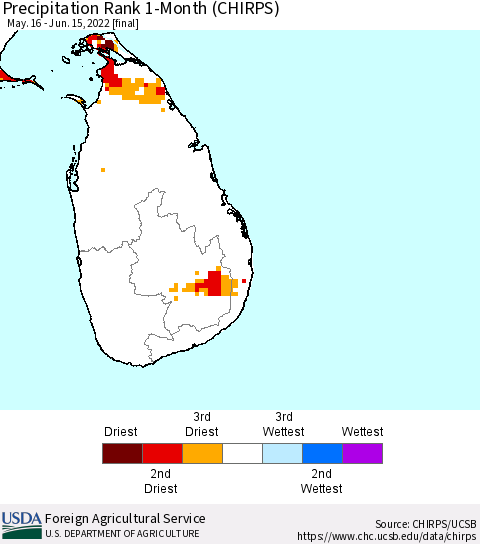 Sri Lanka Precipitation Rank 1-Month (CHIRPS) Thematic Map For 5/16/2022 - 6/15/2022