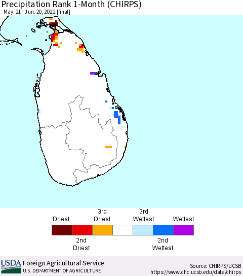 Sri Lanka Precipitation Rank since 1981, 1-Month (CHIRPS) Thematic Map For 5/21/2022 - 6/20/2022