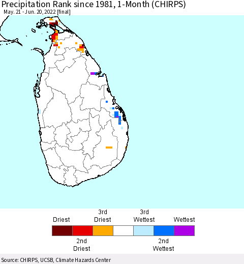 Sri Lanka Precipitation Rank since 1981, 1-Month (CHIRPS) Thematic Map For 5/21/2022 - 6/20/2022