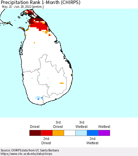 Sri Lanka Precipitation Rank 1-Month (CHIRPS) Thematic Map For 5/21/2022 - 6/20/2022