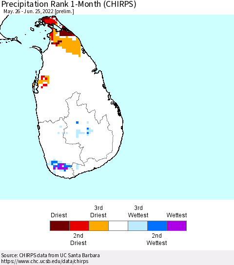 Sri Lanka Precipitation Rank 1-Month (CHIRPS) Thematic Map For 5/26/2022 - 6/25/2022
