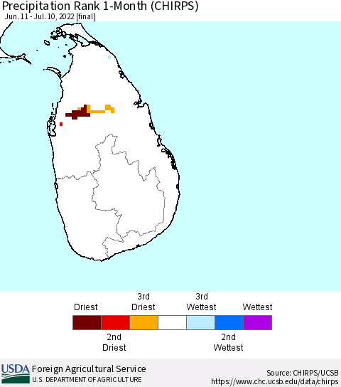 Sri Lanka Precipitation Rank since 1981, 1-Month (CHIRPS) Thematic Map For 6/11/2022 - 7/10/2022