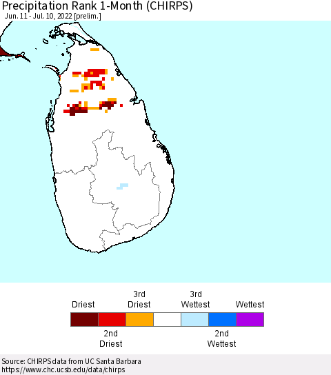 Sri Lanka Precipitation Rank 1-Month (CHIRPS) Thematic Map For 6/11/2022 - 7/10/2022