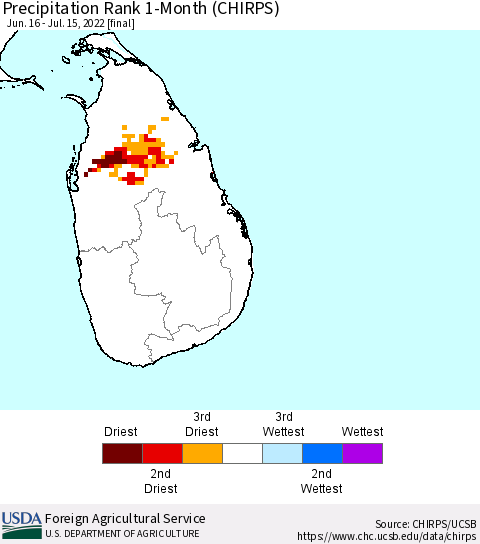 Sri Lanka Precipitation Rank since 1981, 1-Month (CHIRPS) Thematic Map For 6/16/2022 - 7/15/2022