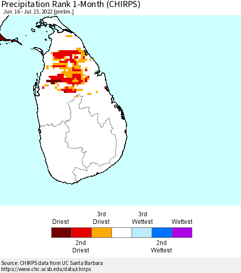 Sri Lanka Precipitation Rank 1-Month (CHIRPS) Thematic Map For 6/16/2022 - 7/15/2022