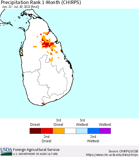 Sri Lanka Precipitation Rank since 1981, 1-Month (CHIRPS) Thematic Map For 6/21/2022 - 7/20/2022